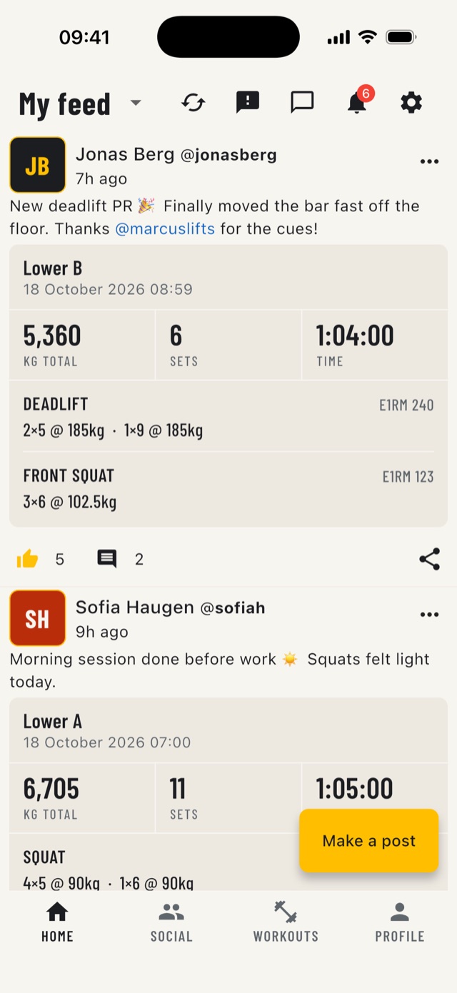 The feed, with friends' workouts